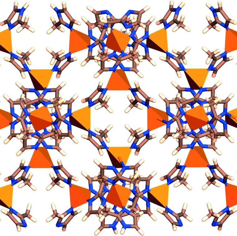 Das poröse Netzwerk von ZIF-67: Die Metallzentren aus Kobalt (Pyramiden) sind...