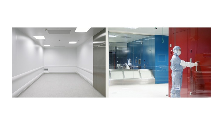 Beispielhafte Farbgestaltung eines Reinraumes (links: traditionell, rechts: mit...